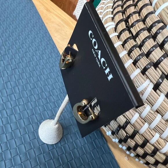 NWT Coach Signature Gold Lever Back Earrings With Crystal Stud Accents #TSER - Picture 2 of 8